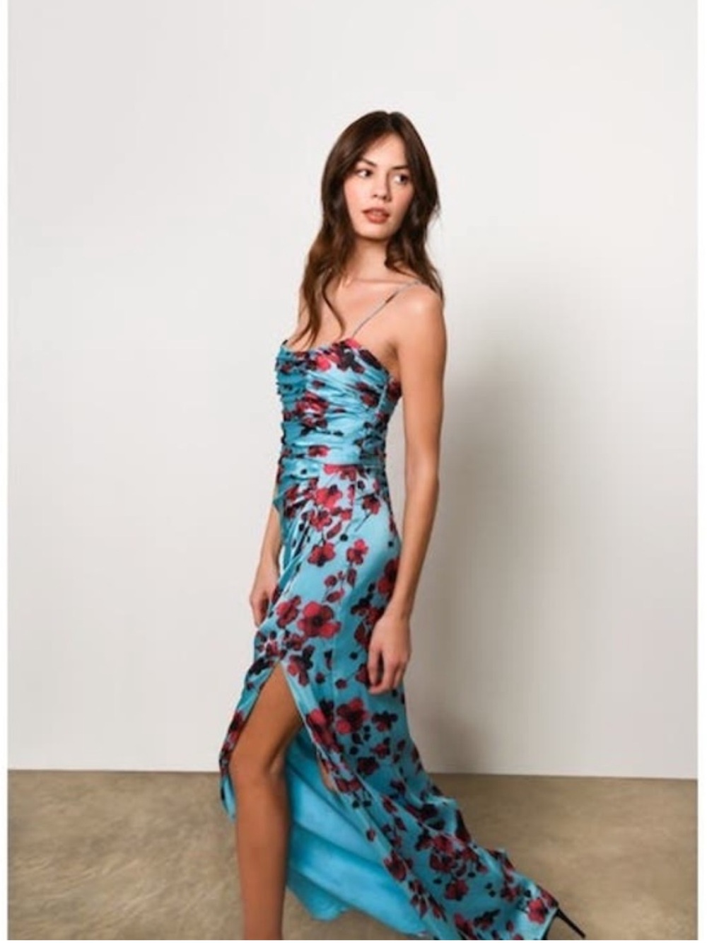 Hutch Luxe Sleeveless Ruched Side-Slit Satin Maxi Dress in Sky Floral Women’s 4 - Picture 4 of 14